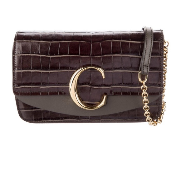 Chloé C Crocodile-Embossed Clutch With Gold Crossbody Chain - Picture 2 of 6